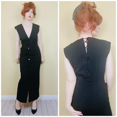 1990s Vintage Dana Buchman Wool Maxi Dress / 90s Black Lace Up Back Button Front Dress / Size Medium - Large 