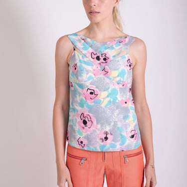 Vintage Chanel Camellia Watercolor Tank Top with Pleated Overlay XXS-XS CC Buttons Monogram Blouse Strappy 