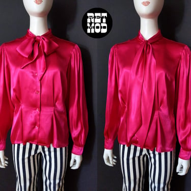 Gorgeous Vintage 80s 90s Magenta Pink Satin Pussybow Blouse 