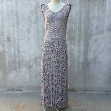 Antique 1920s Pale Purple Crochet Knit Dress 3D Flowers Tassels 1930s vintage