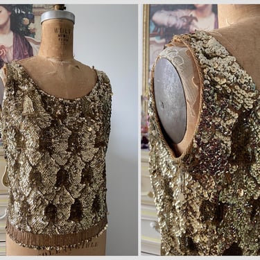 Vintage ‘50s ‘60s sparkly gold sequin sleeveless top | mid century sequin & beaded shell, fancy evening top, S 