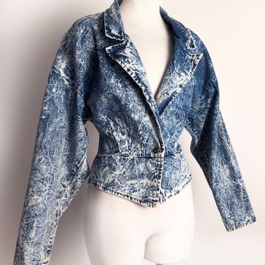 80's Acid Wash Denim Blue Jean Jacket, Vintage 1980's Hair Band Era by Alakazam Dolman Sleeves Fitted Waist Coat 