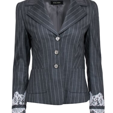 Escada - Grey Pinstripe Blazer w/ Detailed Lace Sleeves Sz 6
