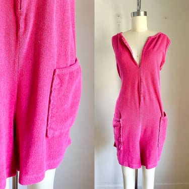 Vintage 1980s Hot Pink Terry Cloth Romper / XL 