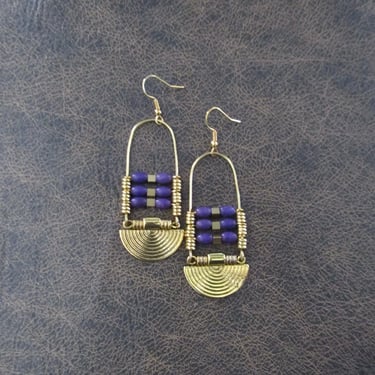 Purple magnesite stone and gold ethnic statement earrings 