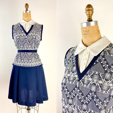 60s Mod Navy Blue Drop Waist Mini Dress / Collared dress / 60s mini / size s/m 