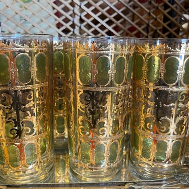 Culver green scroll drinking glasses 1950s gold MCM barware highball set of 8 