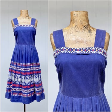 Vintage 1950s Mexican Blue Cotton Sleeveless Sun Dress w/Woven Folk Pattern, Mid-Century Souvenir of Mexico, 36