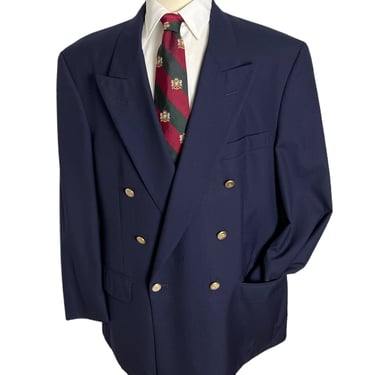Vintage BURBERRYS Wool Double-Breasted Blazer ~ size 46 ~ jacket / sport coat ~ Ivy Style / Preppy / Trad ~ Navy ~ Burberry ~ Super 100s 