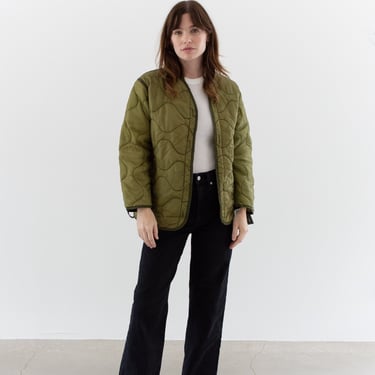 Vintage Green Liner Jacket | Unisex Wavy Quilted Nylon Coat | S | LI203 