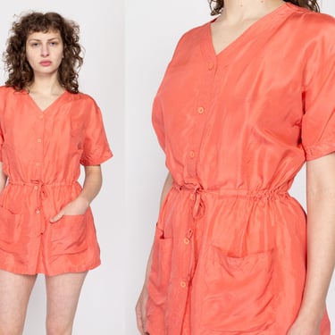 Small 80s Orange Sherbet Silk Micro Mini Shirtdress | Vintage Plain Button Up Drawstring Waist Oversize Top 