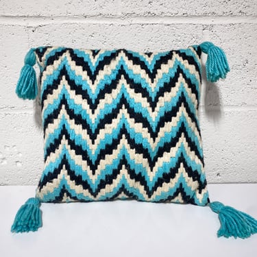 Vintage Turquoise and Black Woven Pillow with Tassels