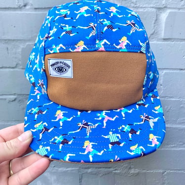 Handmade 5 Panel Camp Hat, Runner's Print Baseball Cap in Aqua Blue, Moldable Brim five panel hat, Snap Back, 5panel hat, Pop-art Print 