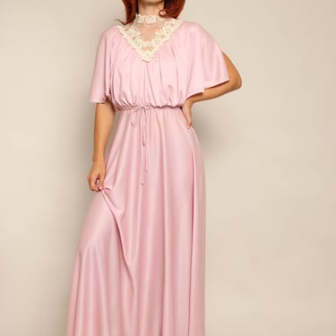 70s Pink Victorian Dress | Poet Sleeve Lace Maxi | Surf and the City -  Orcas, WA | ATTIC