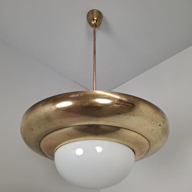 Czechoslovak Art Deco Brass Pendant Lamp with Opaline Glass Shade 1920s Vintage 