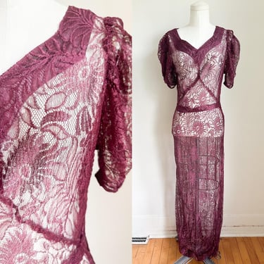 Vintage 1930s Burgundy Lace Dress / XS 