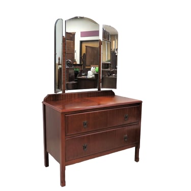 Mirrored Dresser | Vintage English Mahogany Two Drawer Dresser With Triple Mirror 