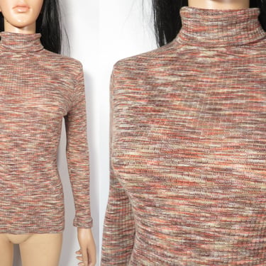 Vintage 70s Pumpkin Spice Space Dyed Ribbed Knit Stretchy Soft Turtleneck Top Size S/M 