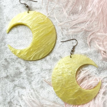 Vintage Earrings | Crescent Moon Large Giant Plastic Yellow Celestial Witchy Novelty Earrings for Pierced Ears 