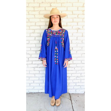 Oaxacan Dress // vintage sun Mexican hand embroidered floral 70s boho hippie cotton hippy 1970 1970's maxi blue long sleeve sleeves // S/M 