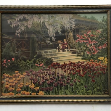 Art Print Of Woman With Dog In Garden Of Tulips, Wisteria Vine, On Stoop Of House, Lady In Garden, Front Porch, Antique Framed Print 