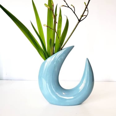 Vintage Blue Ceramic Crescent Vase 
