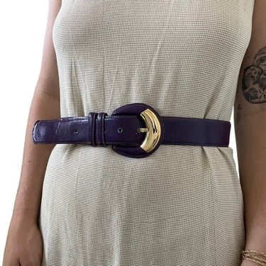 Vintage 1980s Womens Milor Purple Leather Retro Gold Buckle Waist Belt Sz M 
