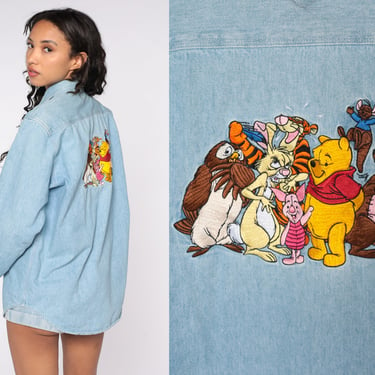 Winnie The Pooh Shirt Vintage Disney Shirt Denim Shirt Button Up Long Sleeve 90s Jean Shirt Blue Mickey Inc Small S 