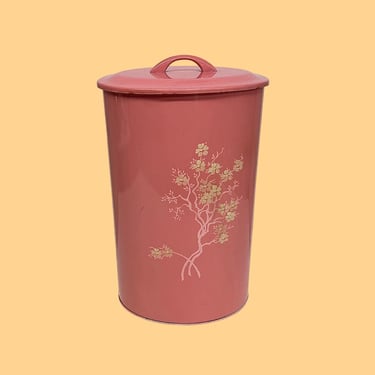 Vintage Trash Can Retro 1960s Mid Century Modern + Ransburg + Pink Enamel + Hand Painted Flowers + Oval Shape + With Lid + Bathroom Decor 