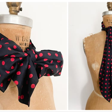 Vintage ‘80s all silk cravat, neck scarf | navy blue & red polka dot, beautiful quality 