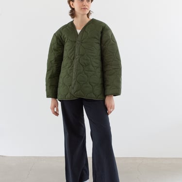 Vintage Green Liner Jacket | Unisex Wavy Quilted Nylon Coat | XL | LI145 