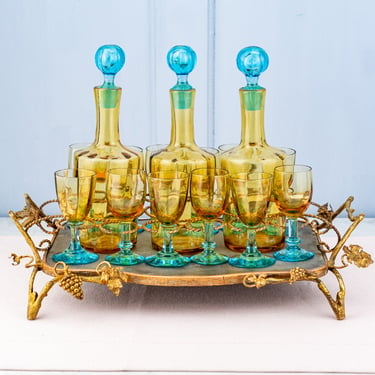 Antique French Glass Liqueur Set with Bronze &amp; Zinc Stand