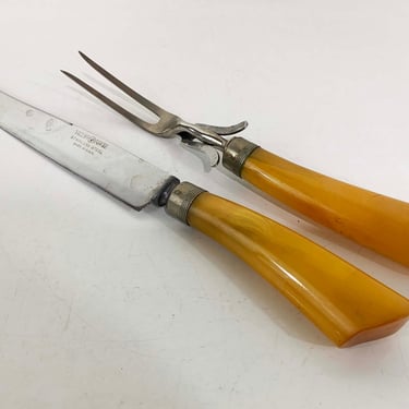 Vintage Bakelite Handle Meat Fork Carving Knife Stainless Serving Utensils Butterscotch Thanksgiving Christmas Valley Forge MCM 1960s 