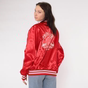 Vintage Satin Bomber Jacket 80s Red Salem Farms Campground Connecticut Graphic Snap Up Uniform Varsity Baseball 1980s Richie Men's Large L 