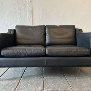 Mid century Danish modern beautiful Black leather 2 seat sofa birch legs 