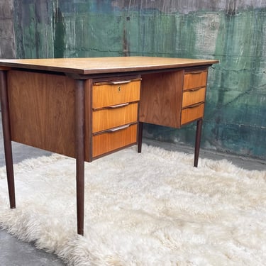 1960s Danish Style Two Sided Double Pedestal Writing Desk With 6 Drawers 