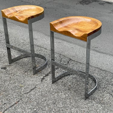 Mid-Century Warren Bacon Chrome and Oak Bar Stools – Set of 2 