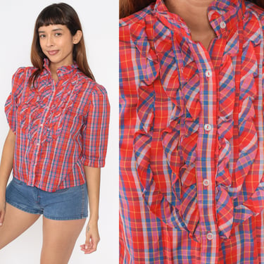 Red Plaid Shirt 80s PUFF Sleeve Blouse Country Western Tuxedo Ruffle Cottagecore Button Down Top 1980s Vintage Blue Pink 1/2 Sleeve Small S 