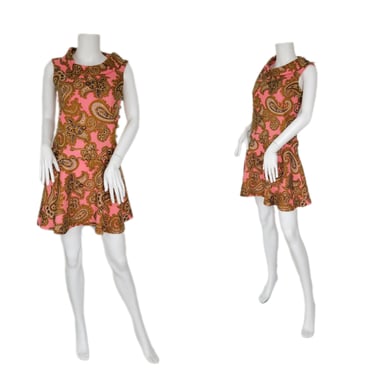 1960's Bubble Gum Pink Paisley Print MOD Short Mini Dress I Sz Sm I Sue Brett 