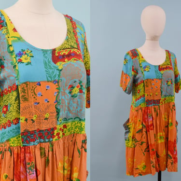 1990s Jams World Patchwork & Floral Dress, 90s Mini Dress, Vintage Faux Patchwork, Size Large by Mo