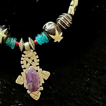 Tribal Inspired Statement Necklace, Natural Stone Large Pendant, Pottery Beads, Glass, Ethnic Vibe, Boho, Vintage 