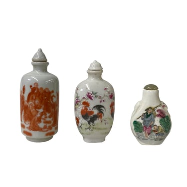 3 x Chinese Porcelain Snuff Bottle Rooster 18 Lohons Fishing Graphic ws2462E 