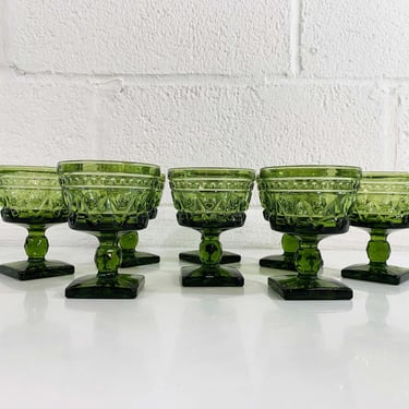 Vintage Park Lane Colony Coupe Glasses Green Square Pedestal Base Goblet Set of 8 Faceted Indiana Glass Champagne 1970s 1960s 