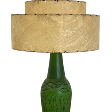 Free shipping within continental US - Vintage 1950s Green Ceramic-like Table Lamp with possibly Fiberglass Double Drum Shade 