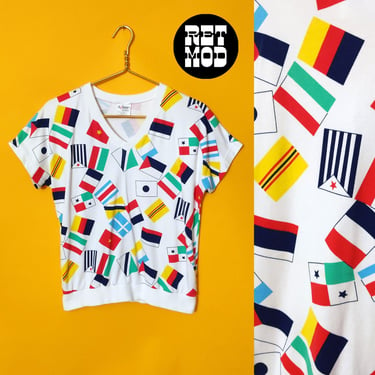 Cute Vintage 80s 90s Flags Novelty Print T-Shirt Top by Aileen 