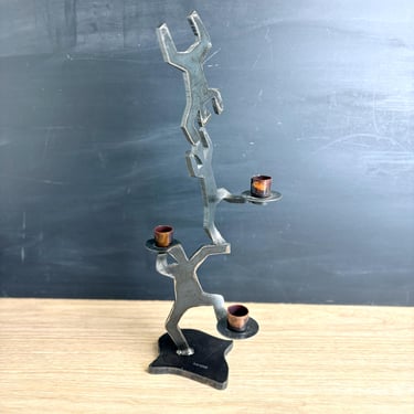 Ivan McLean cut steel dancing figures 3 light candleholder - 1996 artisan vintage 