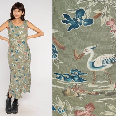 Silk Maxi Dress Y2k Green Floral Bird Print Dress Boho Sleeveless Sundress Asian Inspired Print Hippie Vintage Summer Tank Shift 00s Medium 