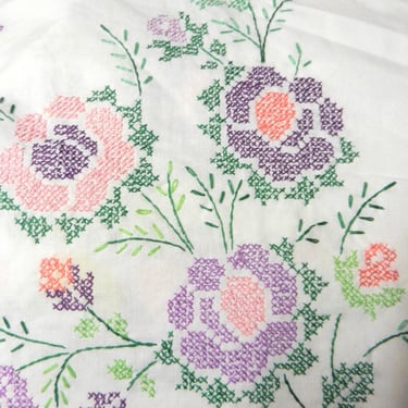 Rectangle Embroidery Handmade Tablecloth~ 5’9” x 4’6” vintage Handmade Floral Table Linen~ Pink, Purple Flower Spring/Summer Tablecloth 