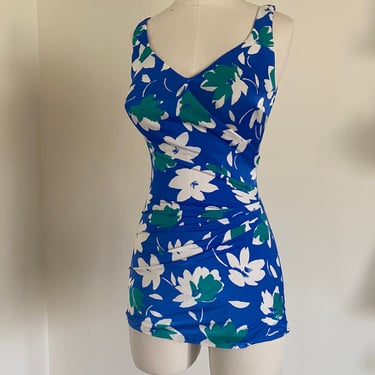 Vintage 60s 70s Roxanne One Piece Bathing Suit with Abstract Florals Blue, White, & Teal; 60s Sarong Swimsuit with Plunging Neckline S M 