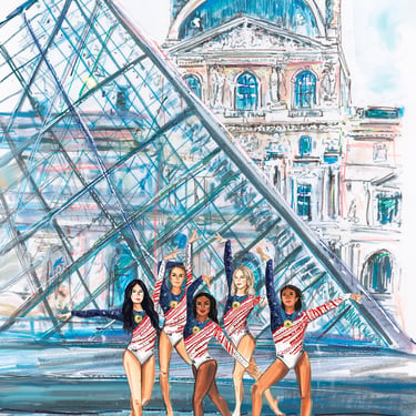 USA Women's Gym Gold at the Louvre in Paris Olympics Original Gicleé Print by Cris Clapp Logan 